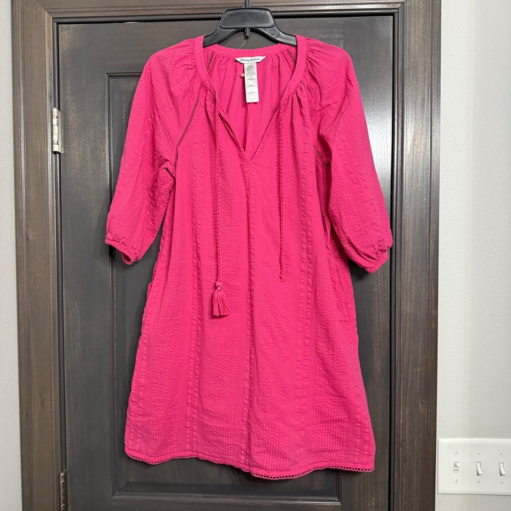 Tommy Bahama Pink Cotton Tunic Dress Tassel V-Neck 246-SS500604 Small